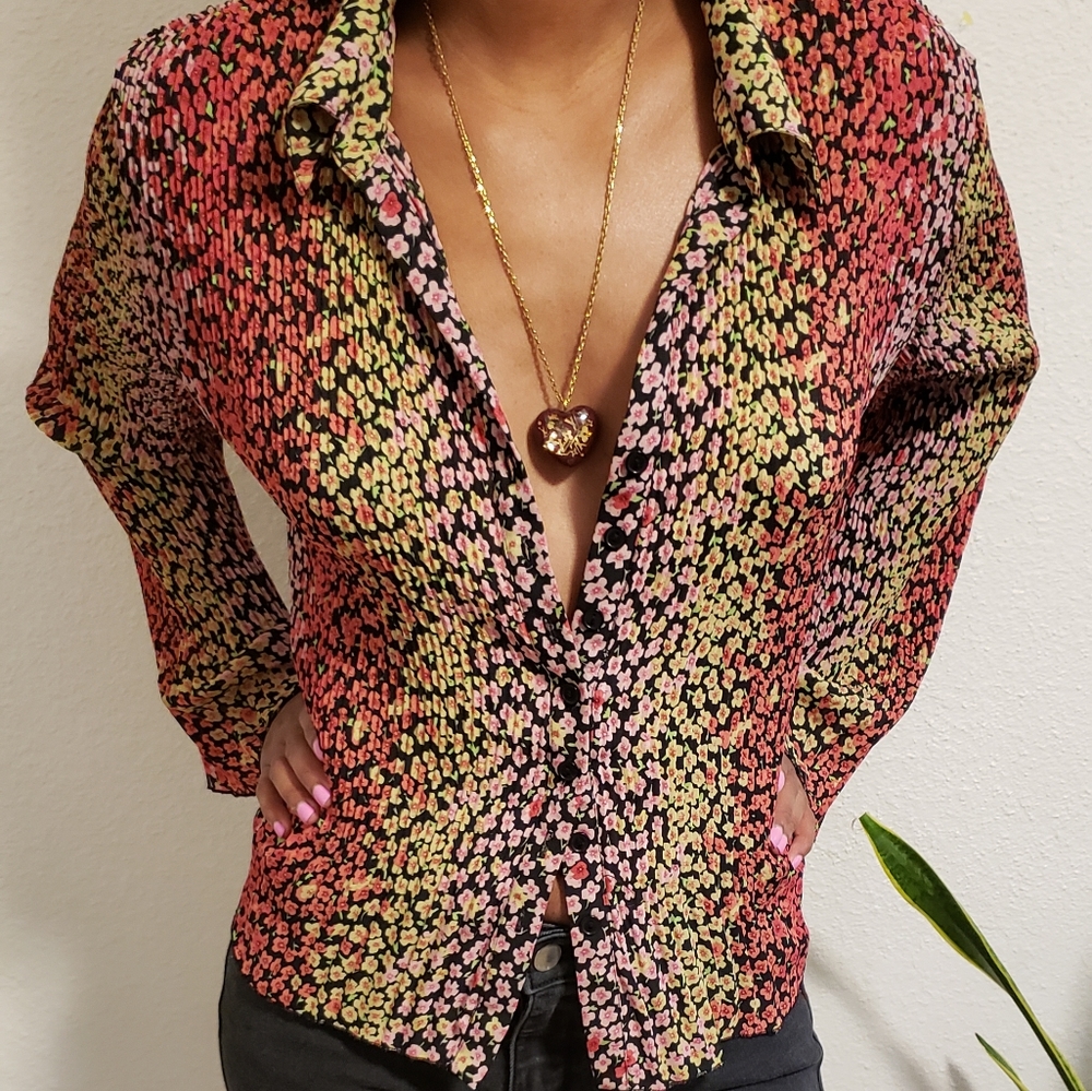 Vintage Floral bell sleeve blouse, PXL, orange, pink, yellow, black
